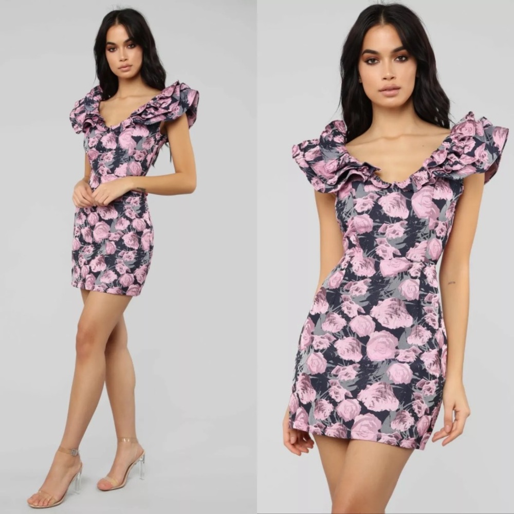 Fashion Nova Black and Pink Rose Mini Dress